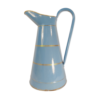 Ancienne cruche ou broc à eau en tôle émaillée bleue et or