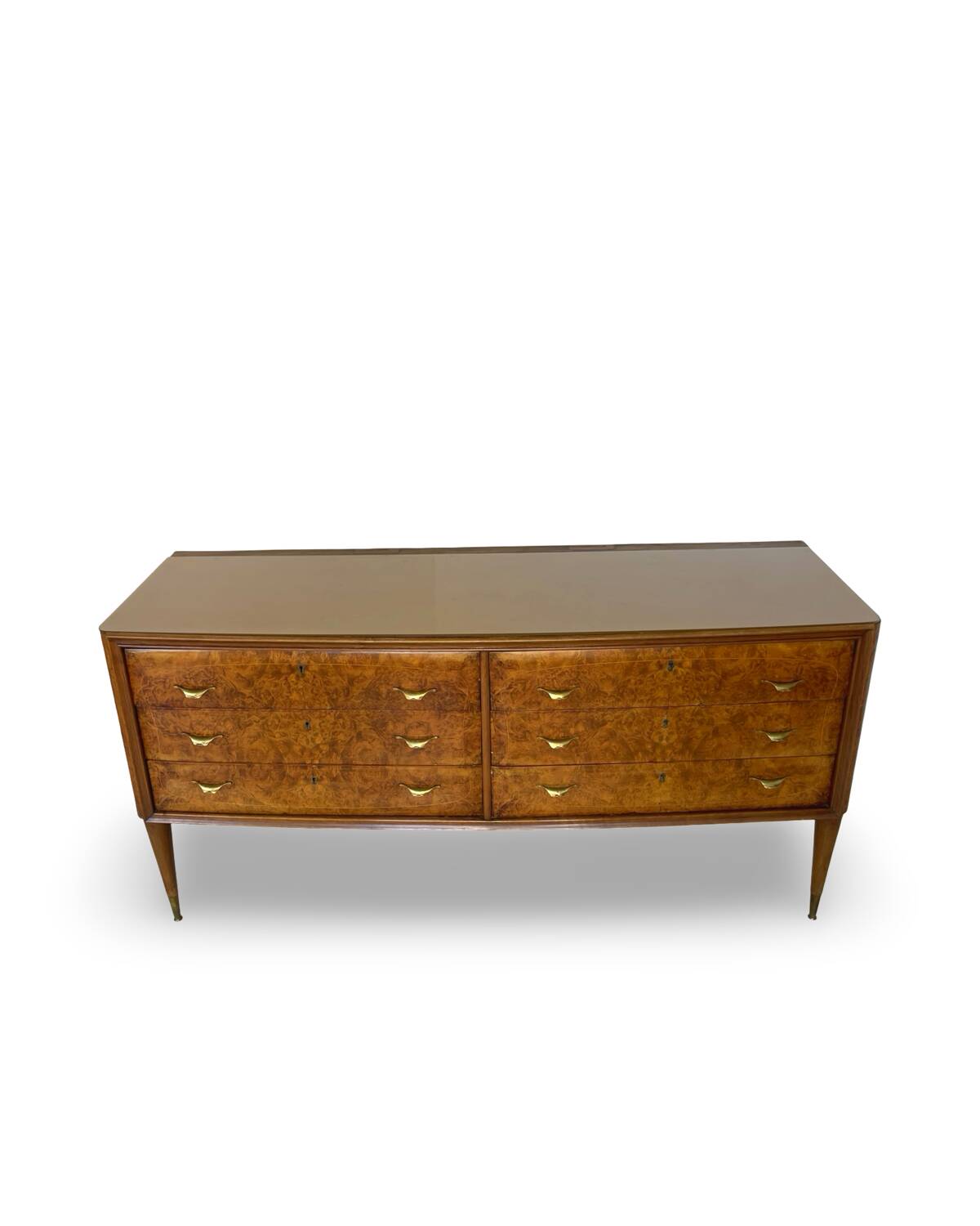 Veneered burl walnut chest of drawers with light warm brown glass top