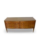 Veneered burl walnut chest of drawers with light warm brown glass top