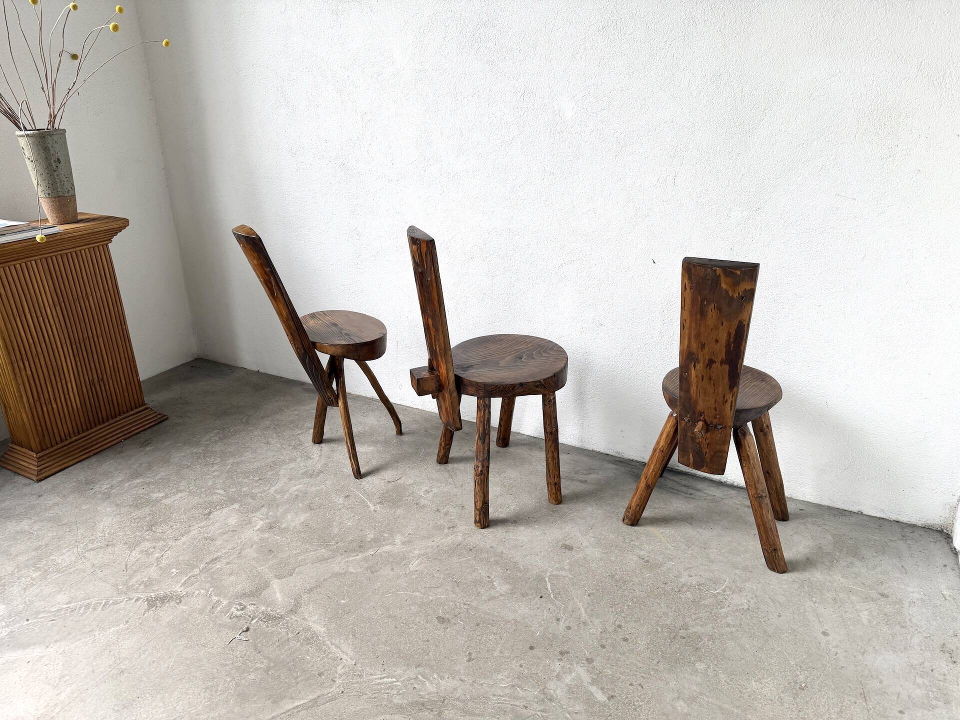 Set of three alpine chairs in solid pine, France, 1950s.