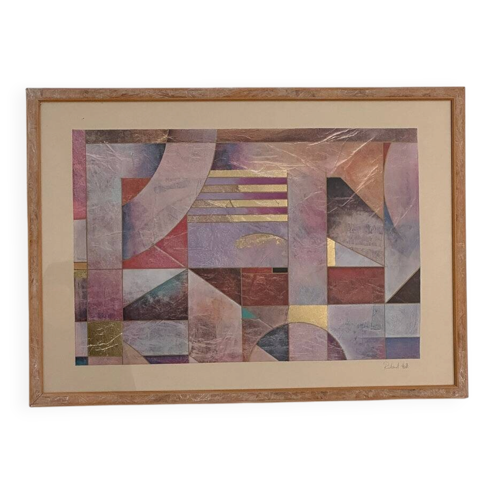 Pair of large Richard Hall geometric abstract mixed media lithographs with gold