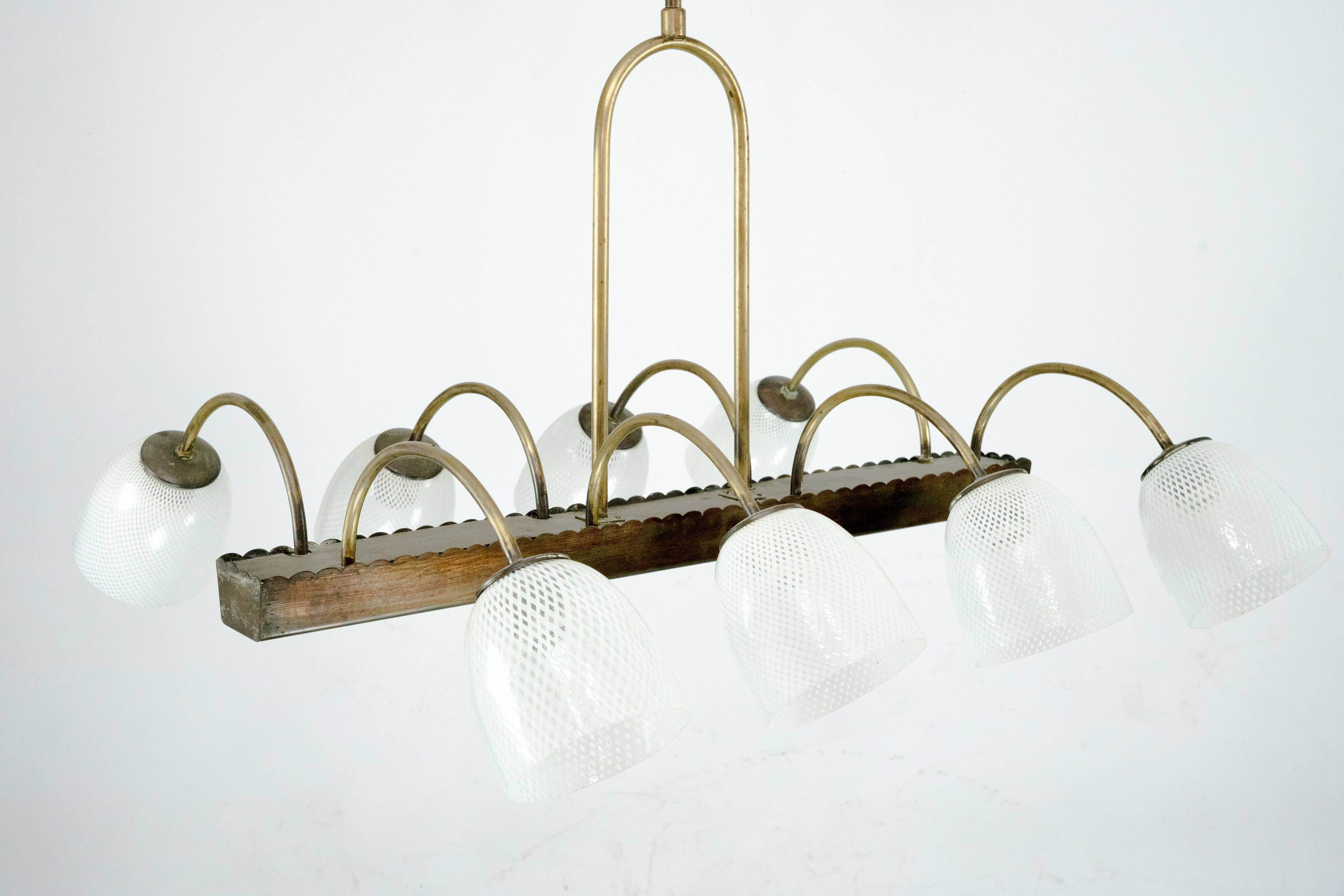 Mid-Century Venini Reticello Glass Chandelier, 8 Arms, Murano, Italy 1940s