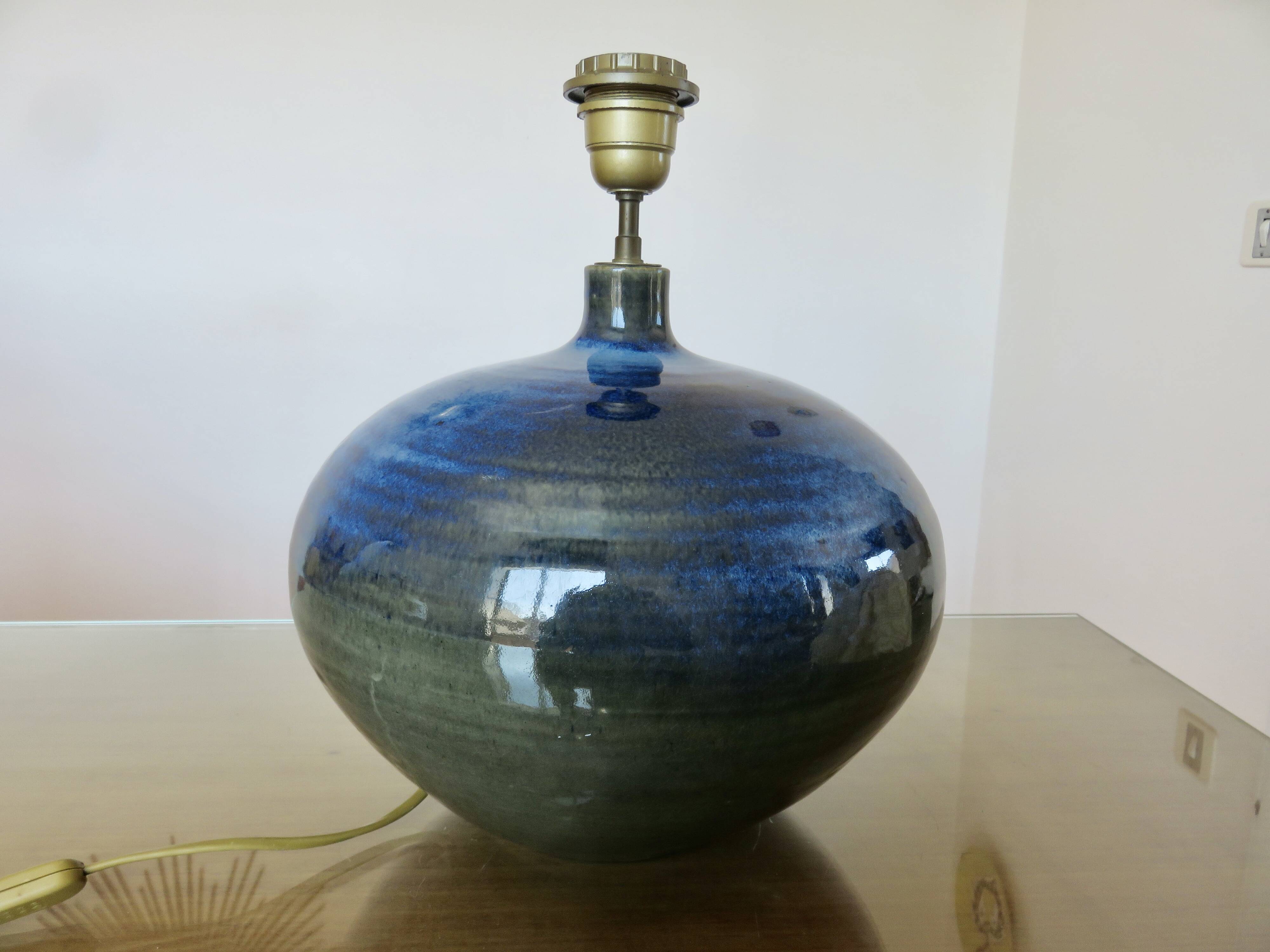 Impressive iridescent blue ceramic lamp with a gradient of green, circa 1960.