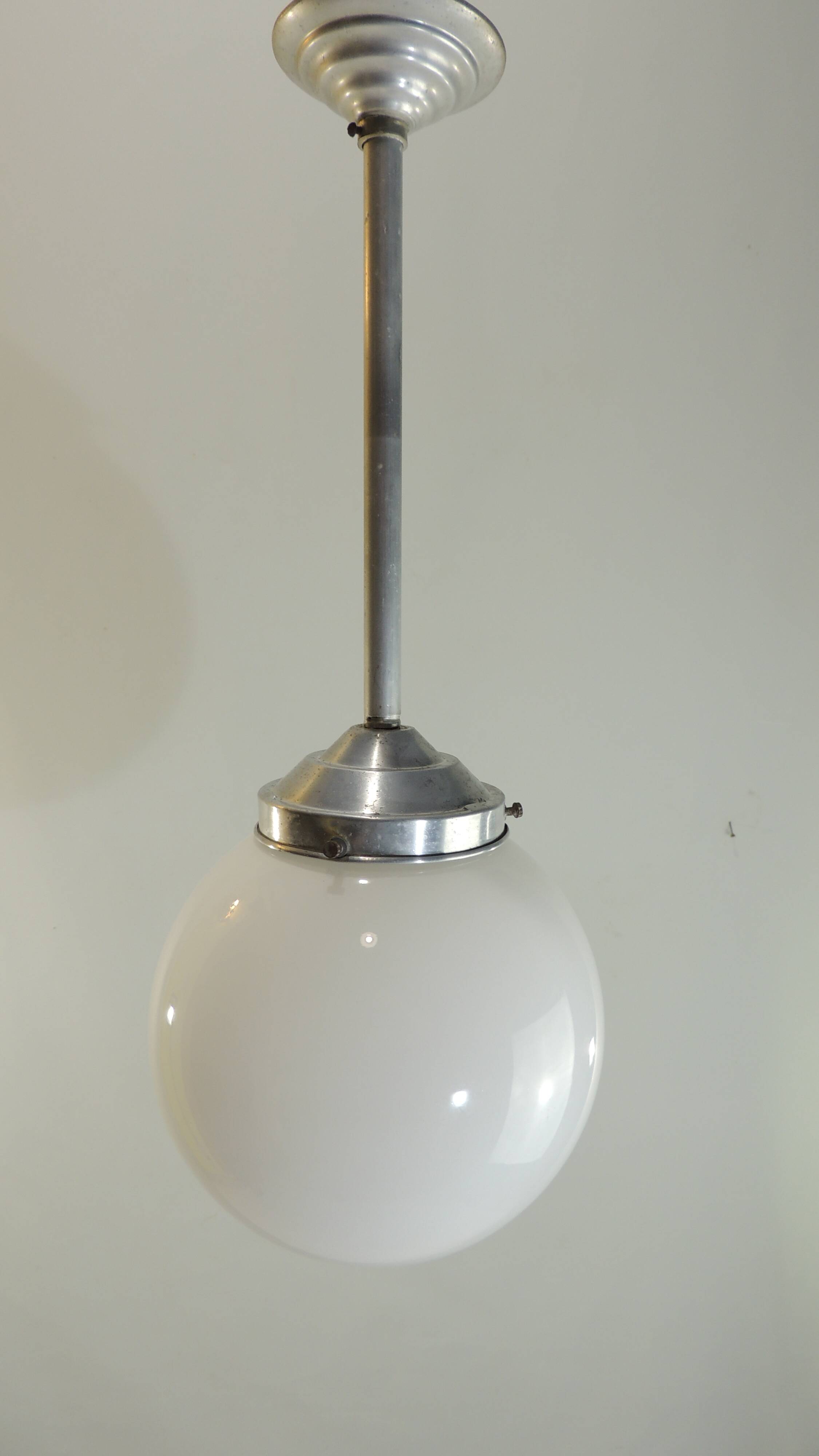 Vintage suspension in aluminum metal and opaline glass globe – Industrial design