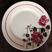 A set of 6 mismatched blue and pink floral dinner plates from Terre de Fer, Digoin.