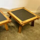 Vintage Pair of oak and slate brutalist end or coffee tables, France 1970s.