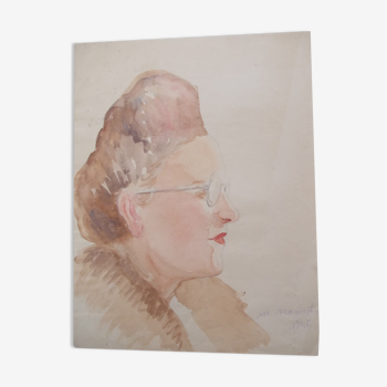 watercolor drawing PORTRAIT OF WOMAN WITH GLASSES 1946 Maurice Marinot, on paper