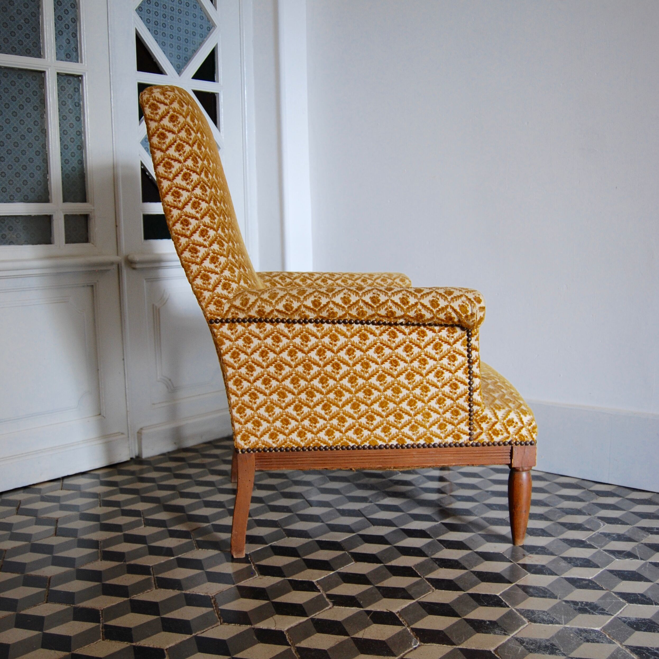 Armchair studded velvet damask vintage English