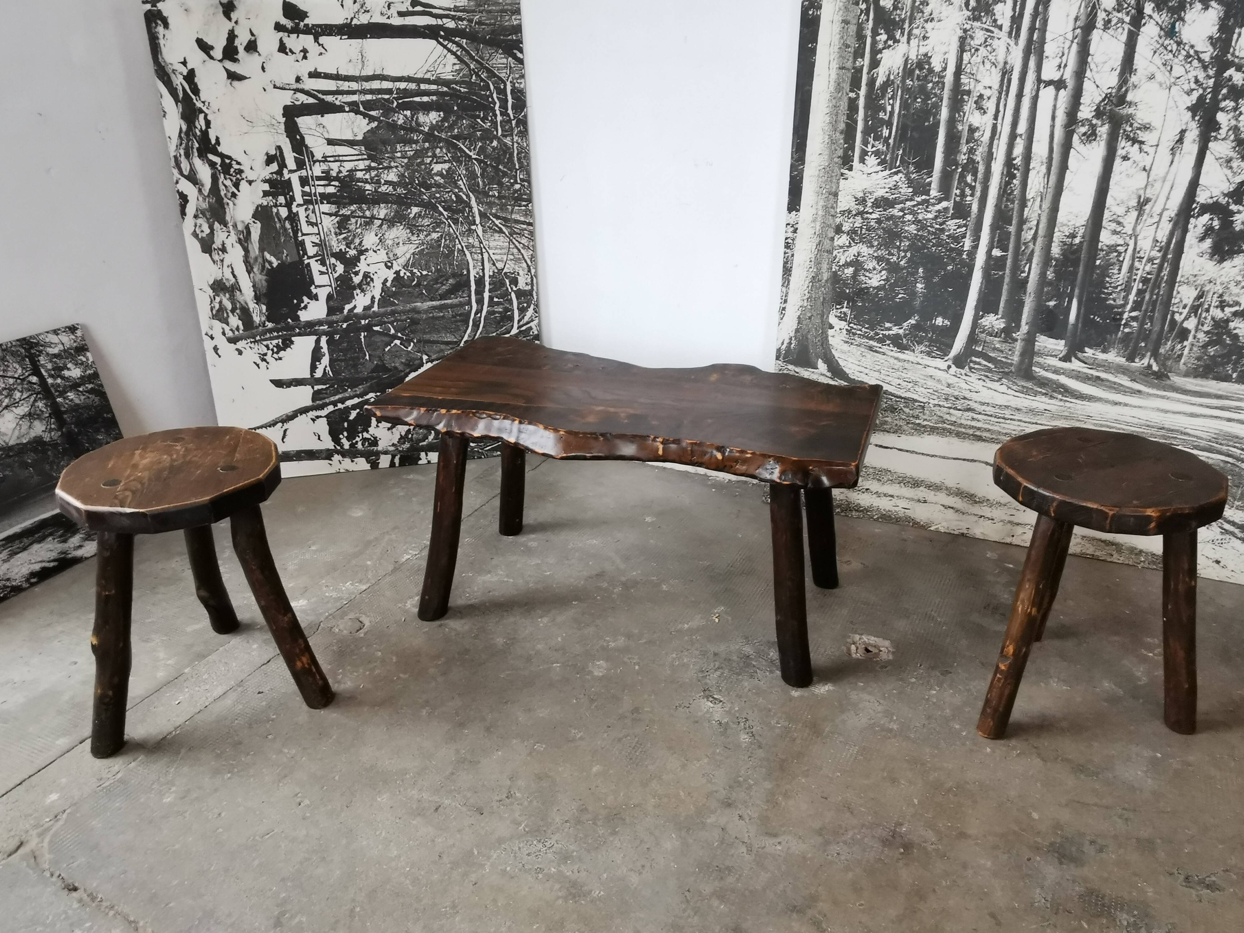 Pair of brutalist wooden stools