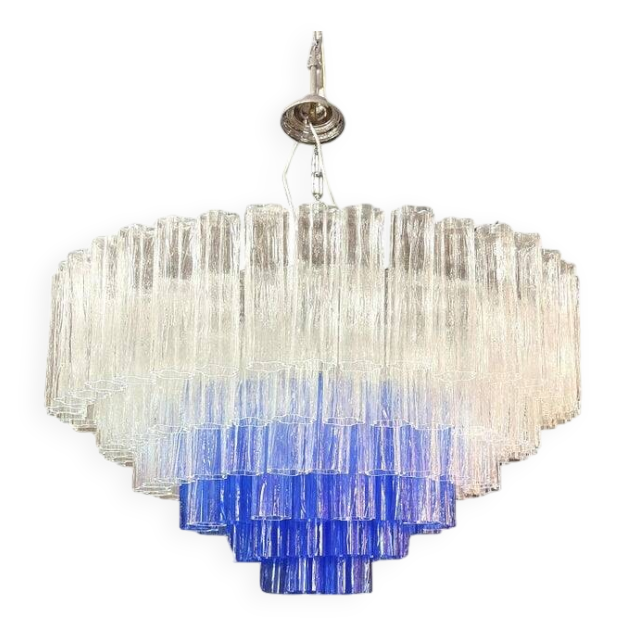 Large Transparent and Blue "Tronchi" Murano Glass Chandelier in Venini Styl