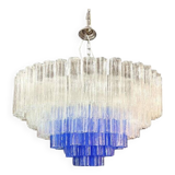 Large Transparent and Blue "Tronchi" Murano Glass Chandelier in Venini Styl
