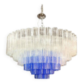 Large Transparent and Blue "Tronchi" Murano Glass Chandelier in Venini Styl