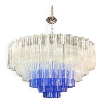 Large Transparent and Blue "Tronchi" Murano Glass Chandelier in Venini Styl