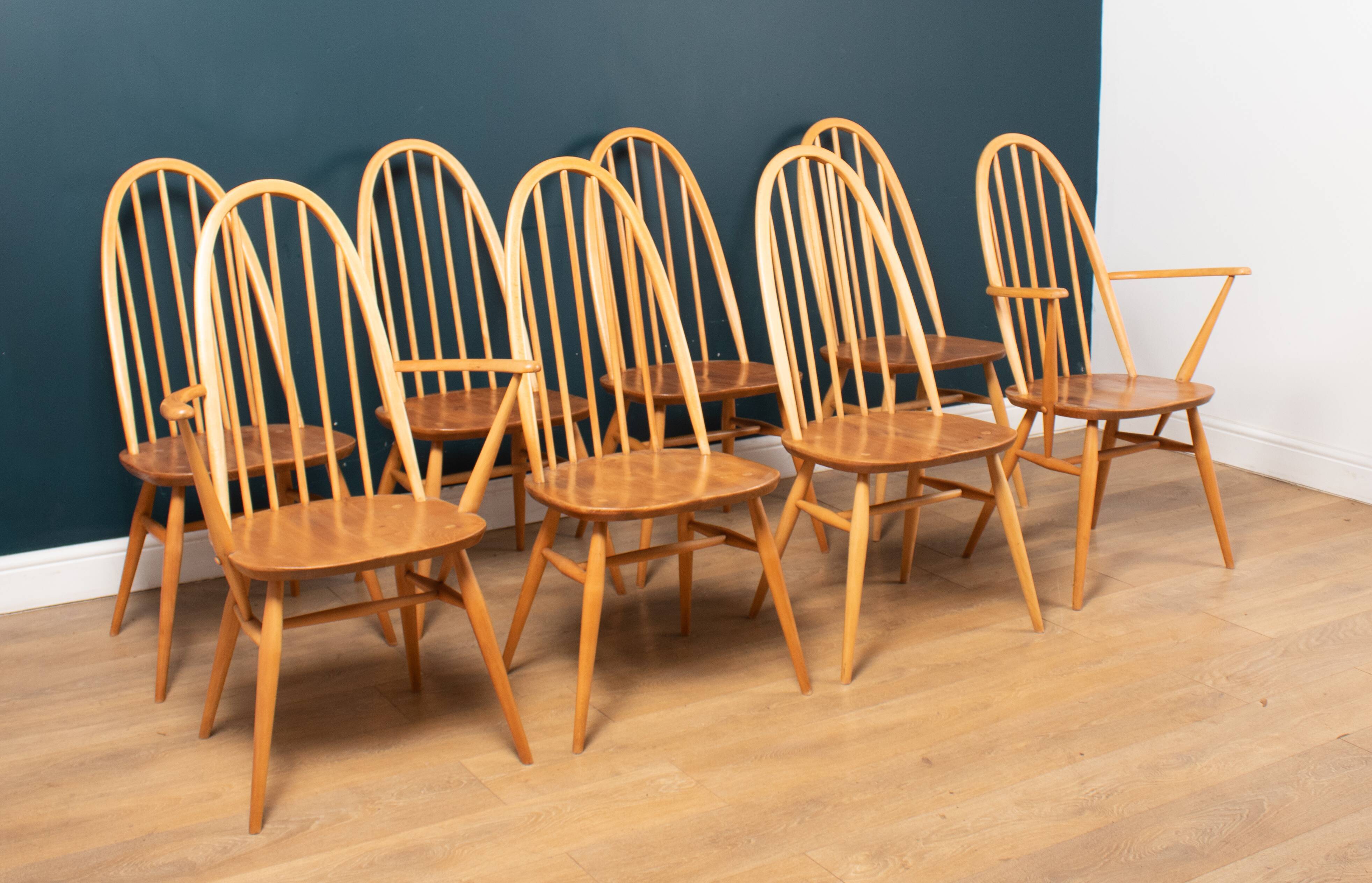Vintage ercol elm model 445 grand plan dining table & 8 chairs including two carvers