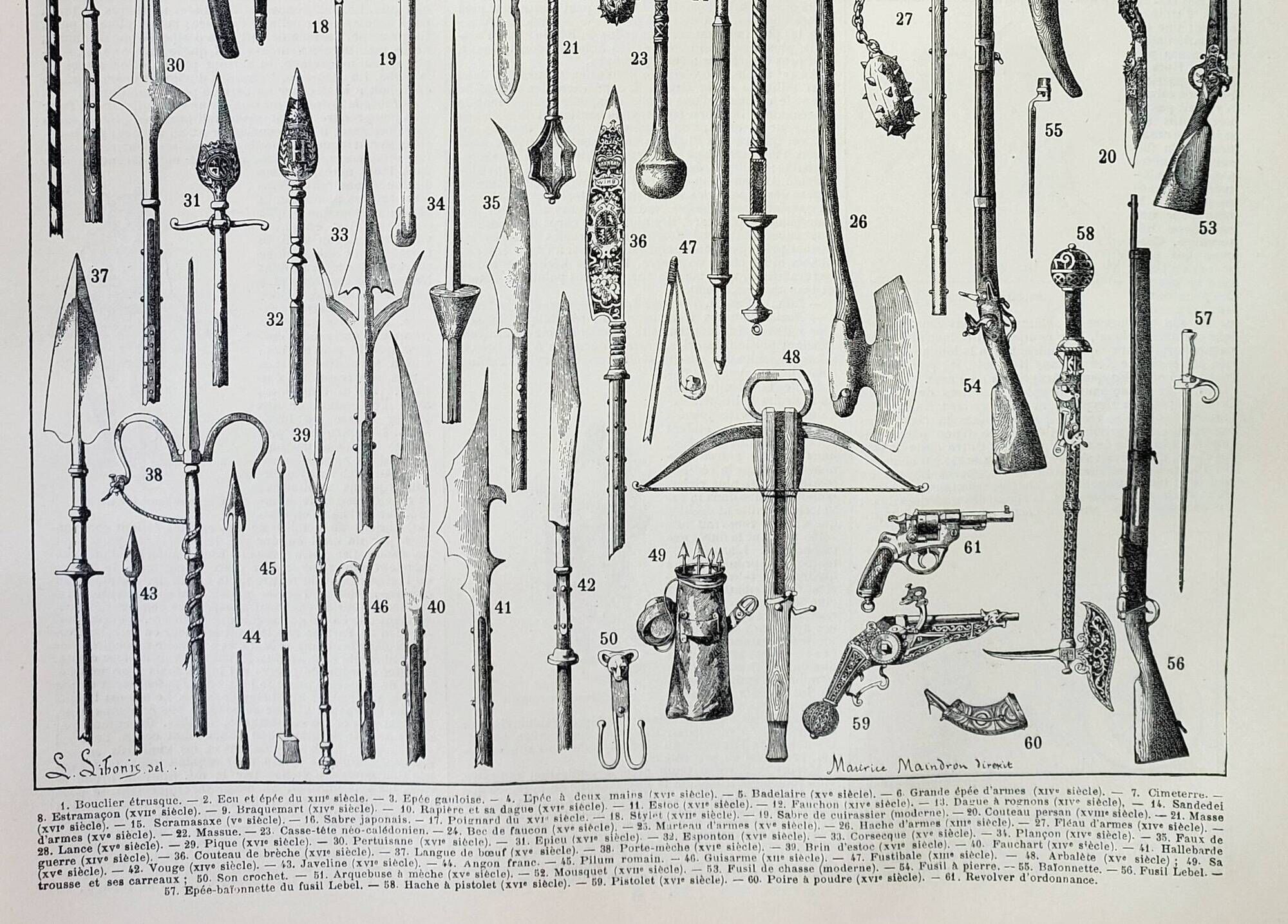 Old engraving 1898, Ancient weapons, sword, pistol, knife • Lithograph, Original plate