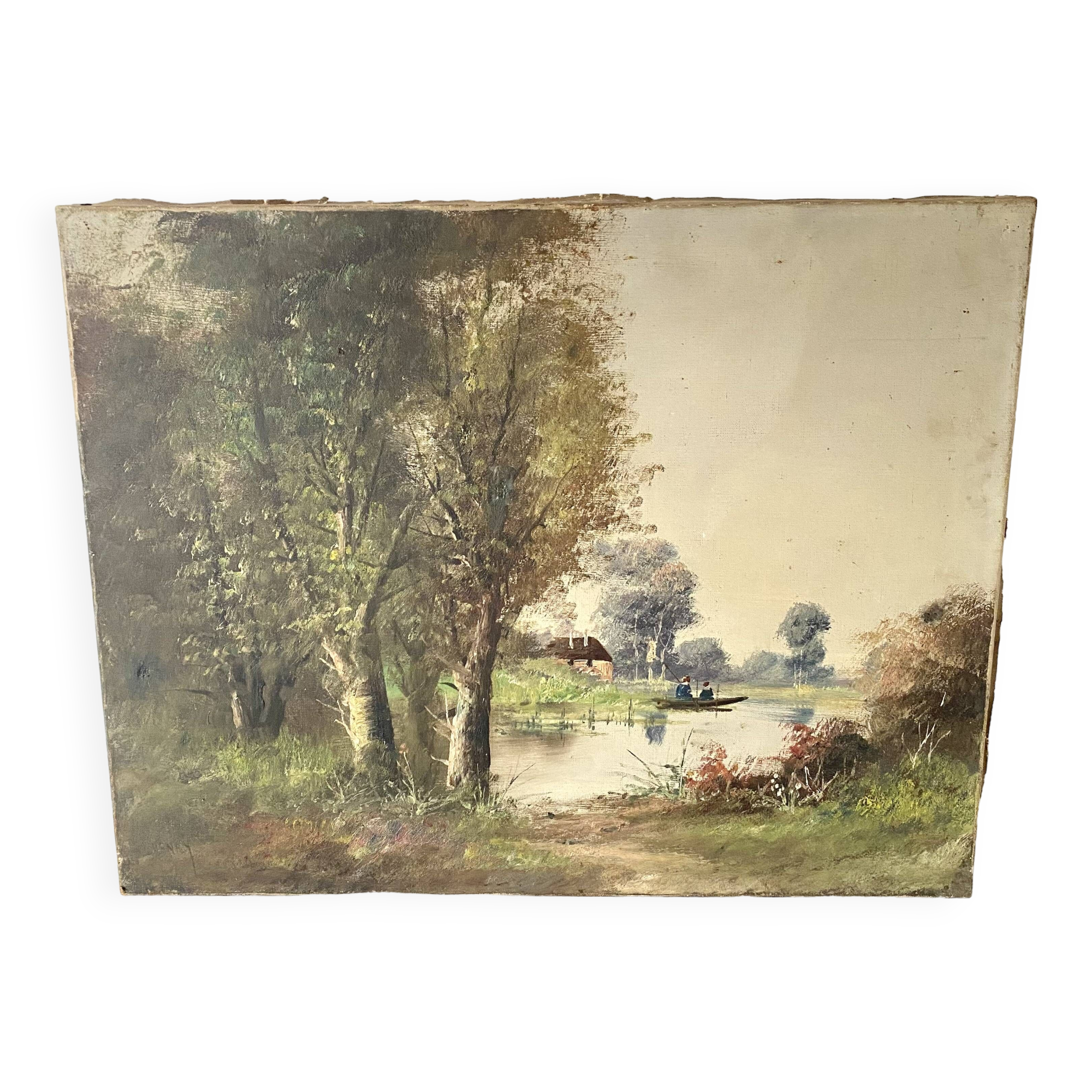 Old canvas painting at the water's edge, boat