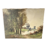 Peinture sur toile ancienne au bord de l'eau ,  barque