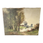 Old canvas painting at the water's edge, boat