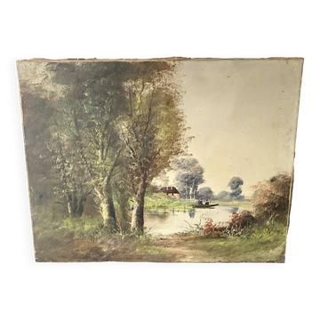 Old canvas painting at the water's edge, boat