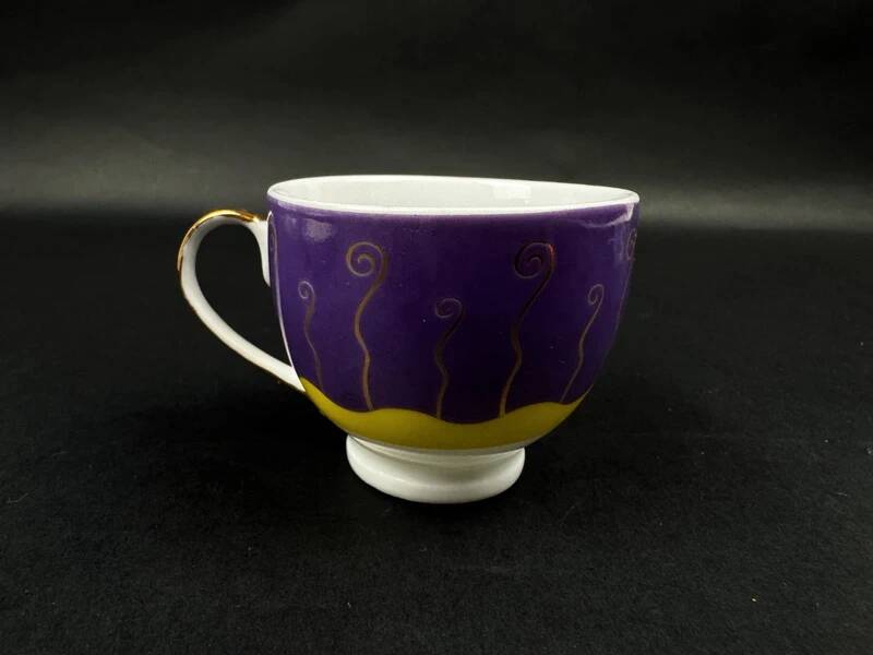 Set of 6 modern purple yellow and gold porcelain coffee cups from the 80s
