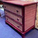 Wood and rattan commode Maugrion vintage 1980s