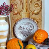 Sept assiettes à dessert terre de fer aux oiseaux f.f.Pexonne fin XIX ème