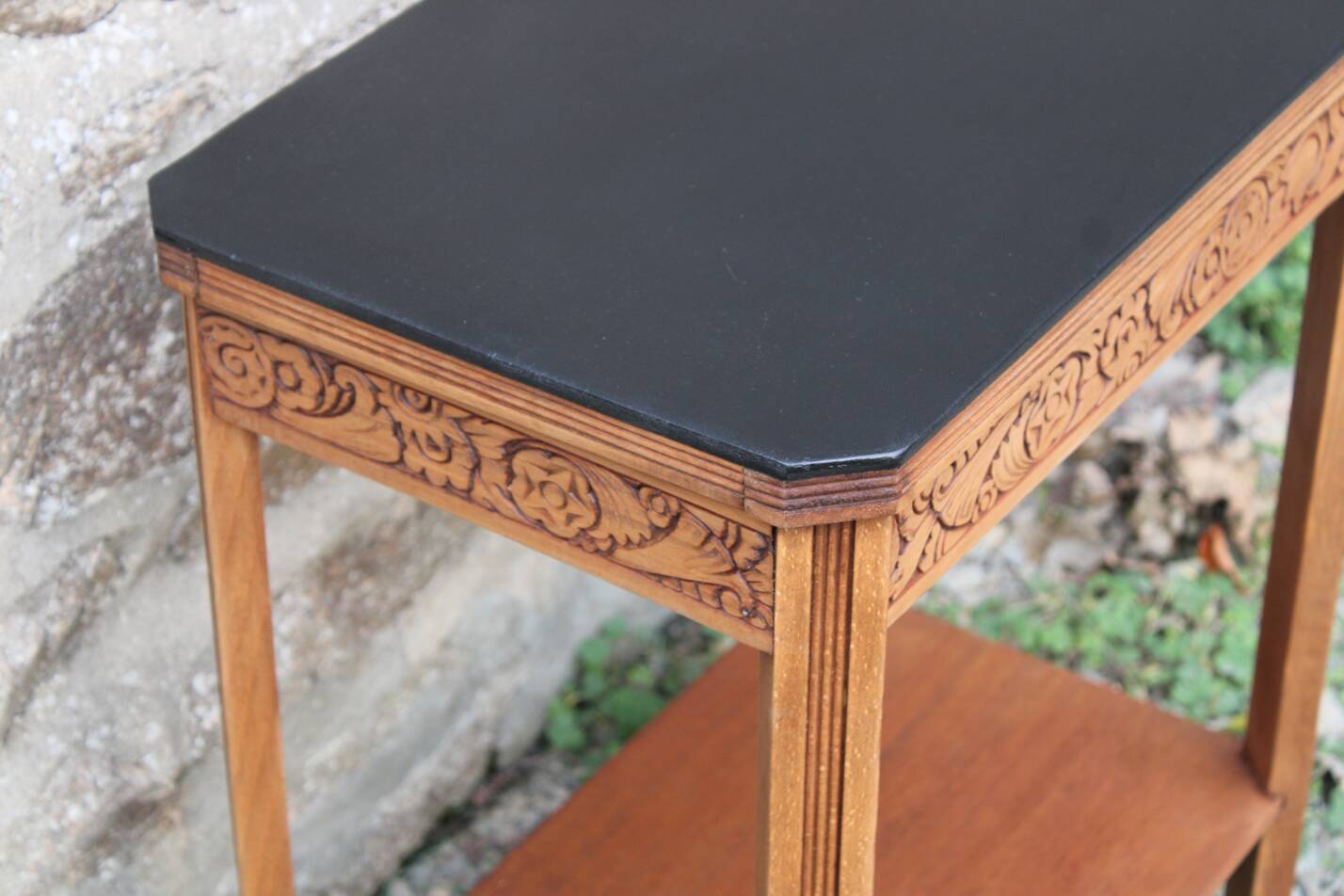 Art deco engraved wood side table