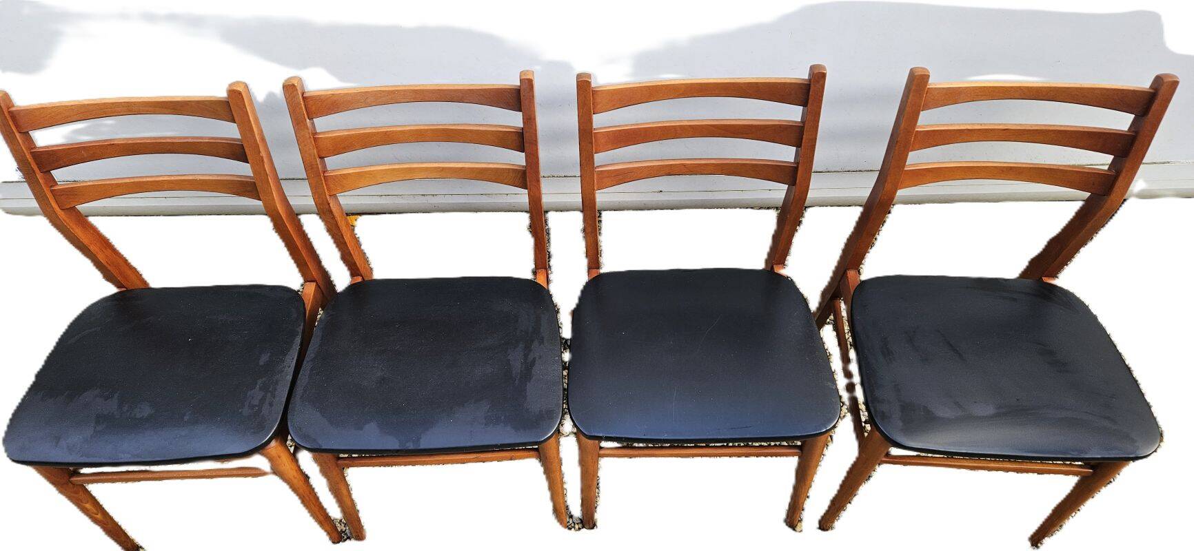 4 Scandinavian Design Chairs in Teak with Black Skai Upholstery 1960
