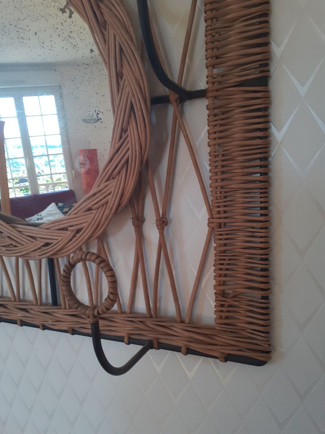 Rattan wall-mounted coat rack with mirror