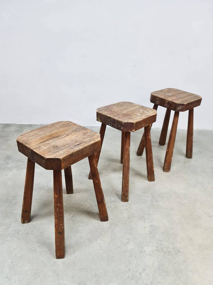 Rustic French wooden hand carved stools 'Brutalist'