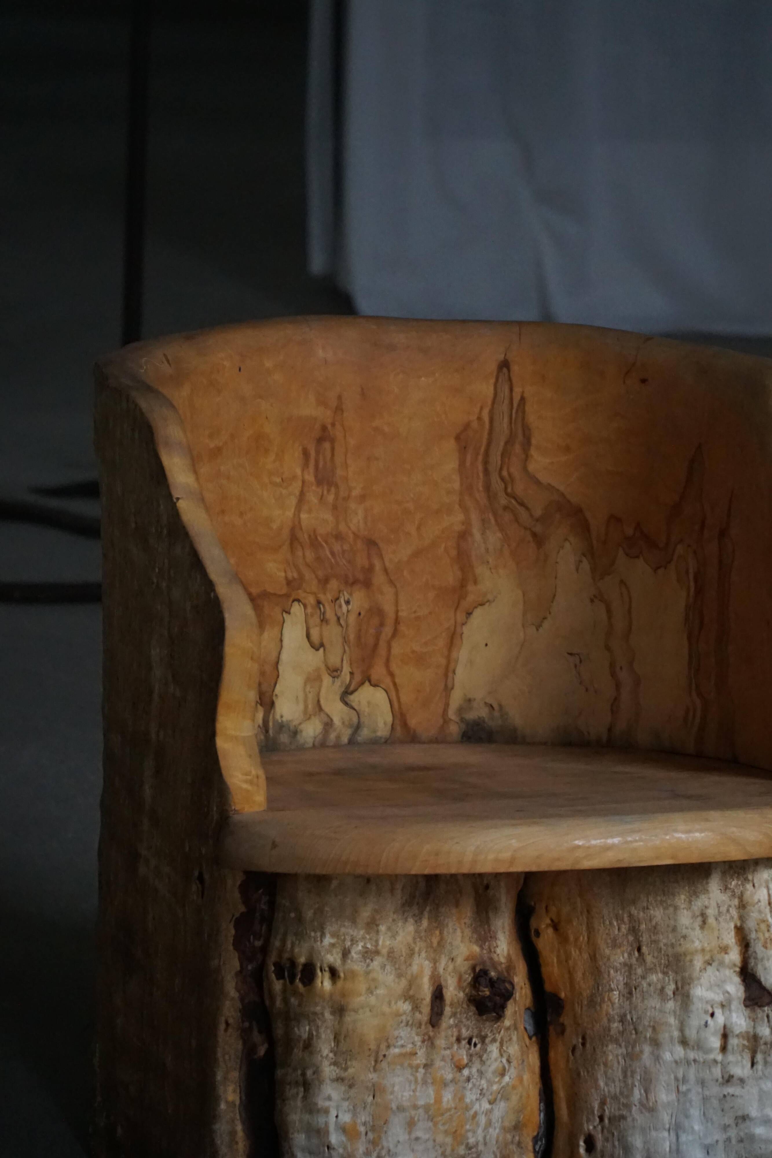 Chaise Brutaliste en Tronc Massif & Assise en Laine D'Agneau, Moderne Du Milieu Du Siècle Suédois, Années 1960