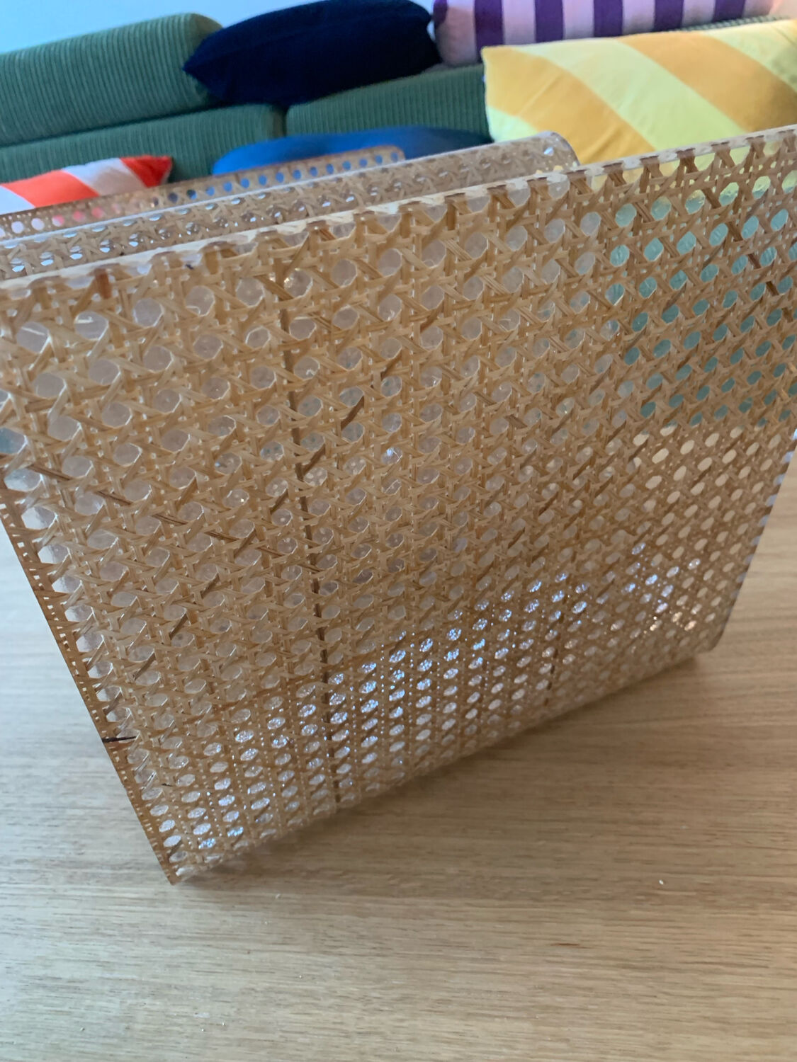 Plexiglass magazine rack with cane work, 1970