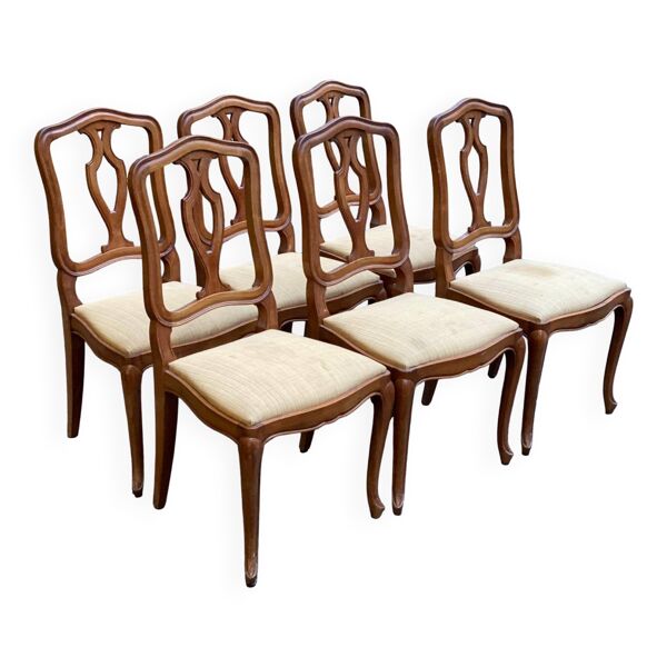 6 chaises Louis XV style régence en bois massif et tissu jaune beige — Beyit