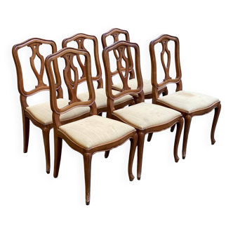 6 chaises Louis XV style régence en bois massif et tissu jaune beige