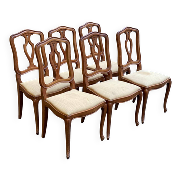 6 Louis XV style Regency chairs in solid wood and yellow-beige fabric