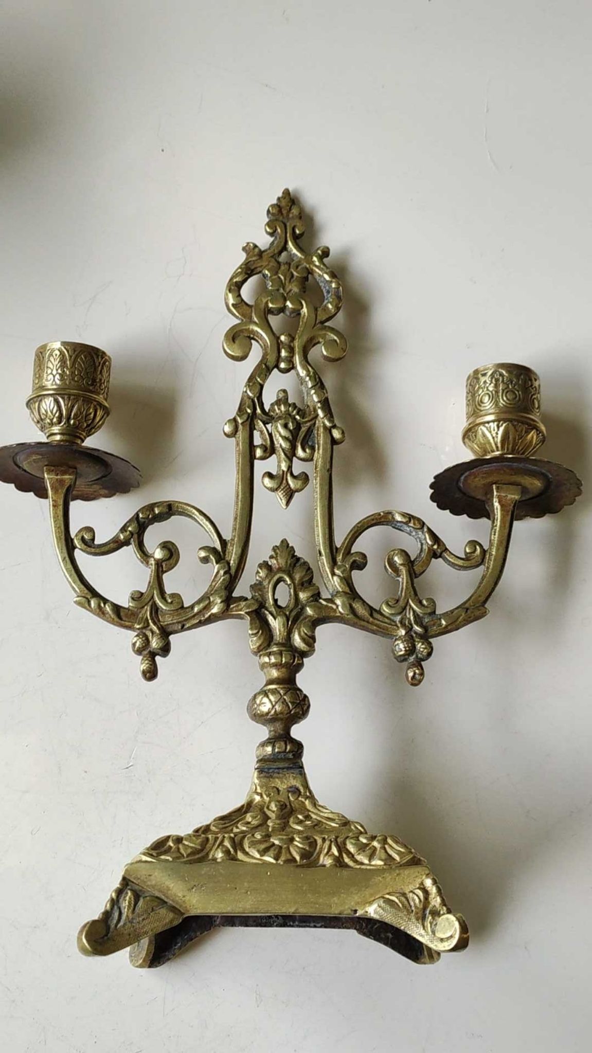 Altar candlestick with 2 branches, napoleon iii style, bronze patina old gold