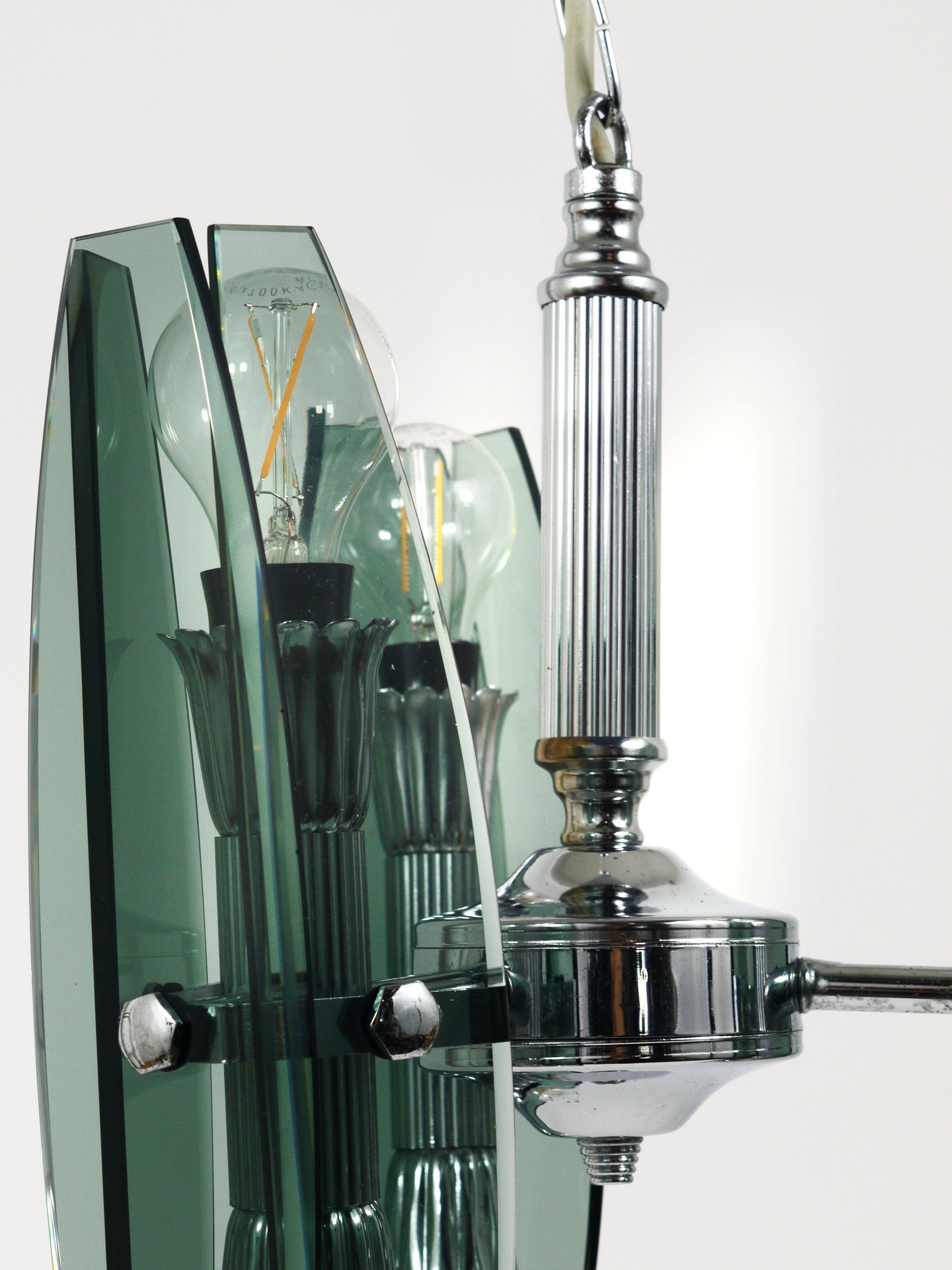 Glass and chrome suspension light in Fontana Arte style by Veca Murano, Italy.