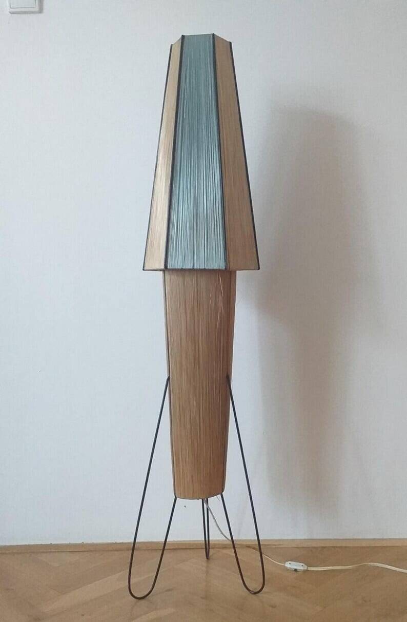 Rare Midcentury Rocket Floor Lamp, Metal and Straw, German Design