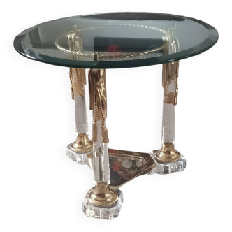 Table basse ronde vintage stijlvolle Hollywood Regency en lucite, en désordre et en verre. Années 70