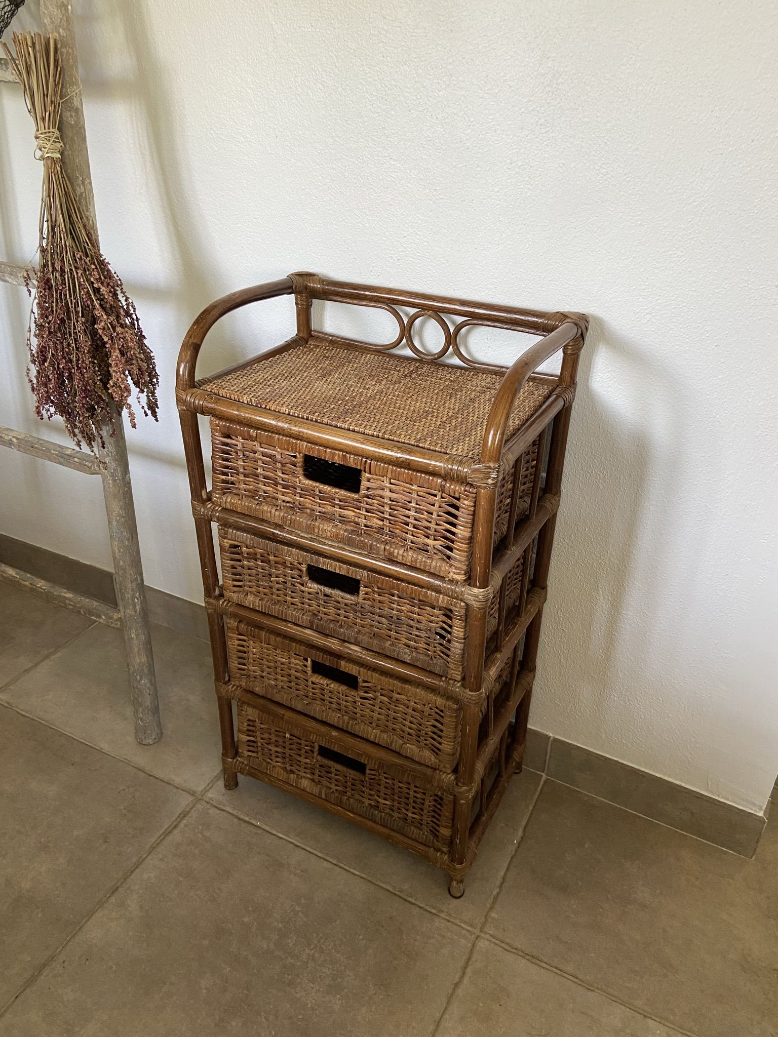 Cabinet / chest of drawers 4 drawers in rattan & vintage bamboo
