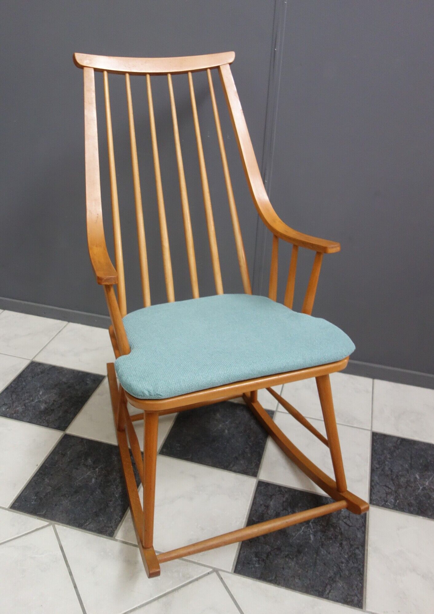 Mid century wooden rocking chair with blue upholstery  1960s
