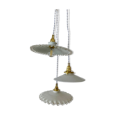 Three-light cascading pendant lamp with vintage white opaline lampshade