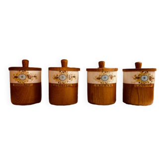 Set of 4 vintage porcelain spice jars: nutmeg laurel saffron clove