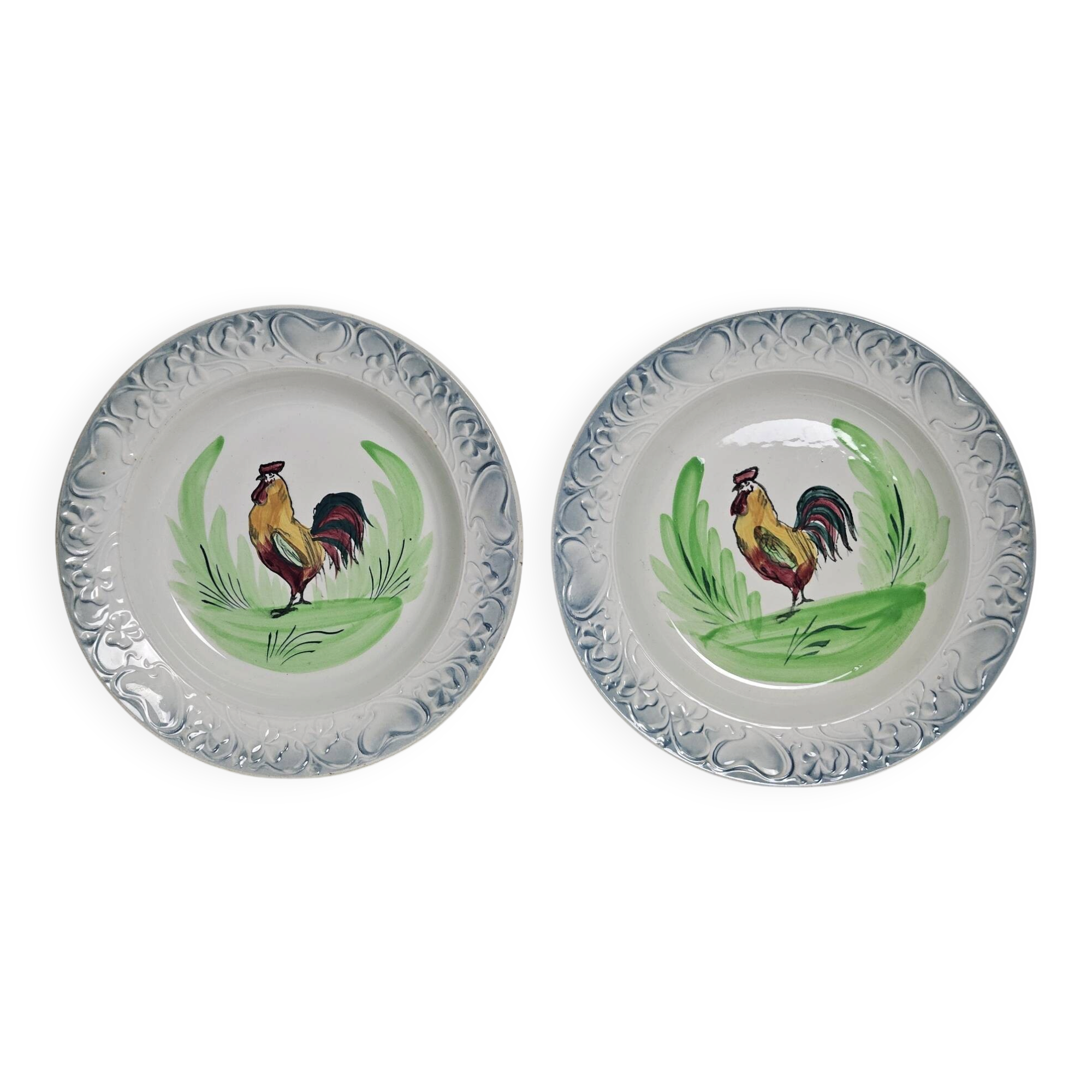Pair of decorative deep plates with rooster design, St Amand vintage