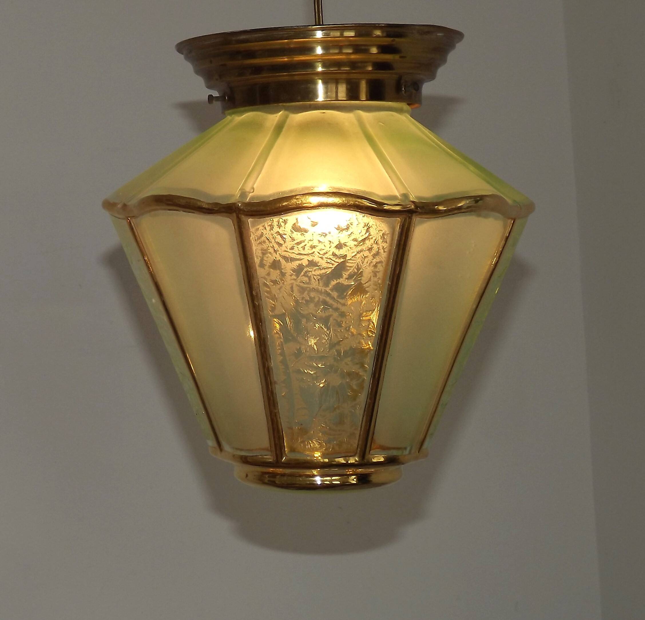 French Vintage Art Deco Glass Ceiling Light Green Frosted & Patterned Glass