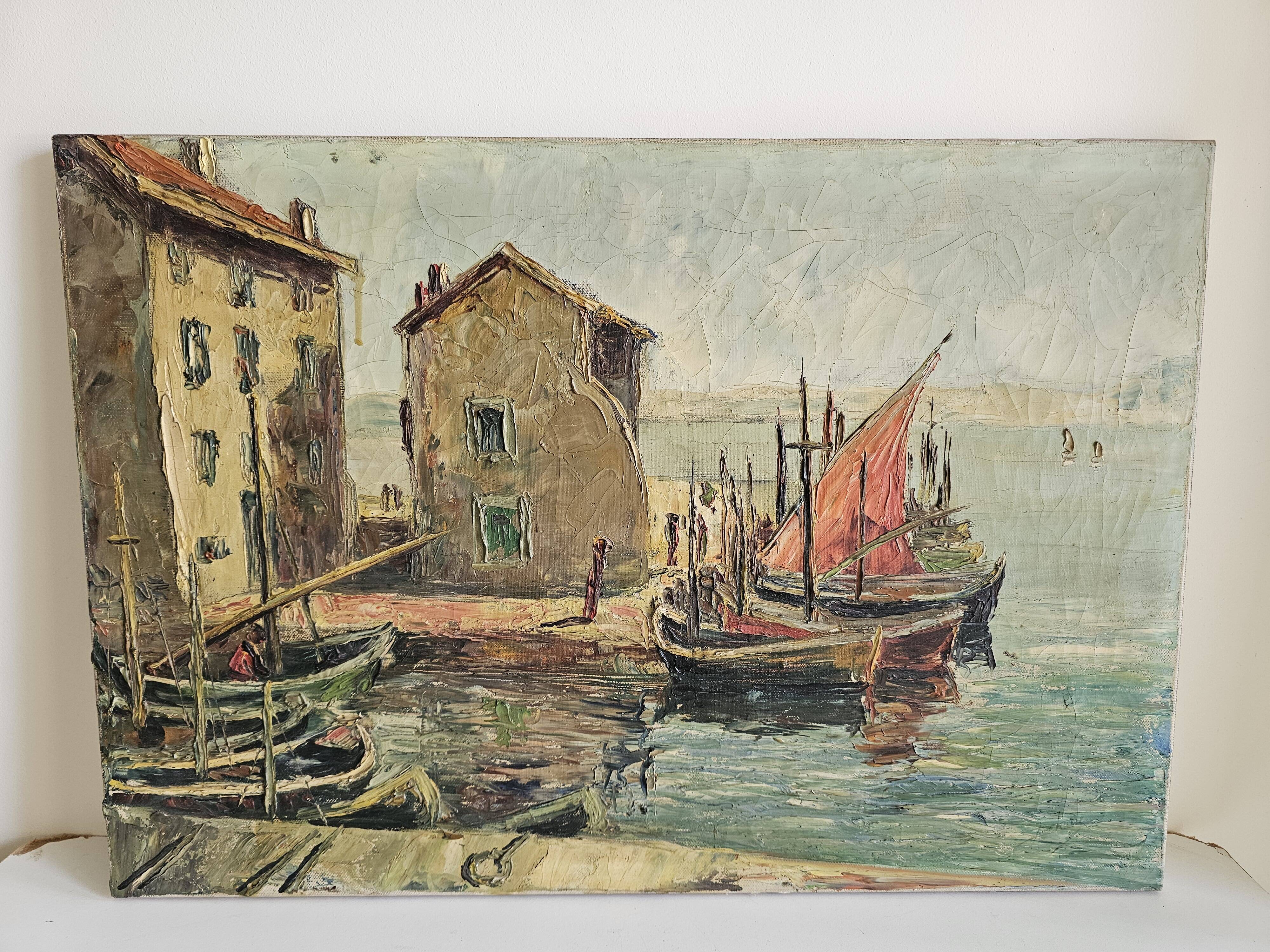 Oil on Canvas Marine Port of Martigues Signed (to be identified) Accid