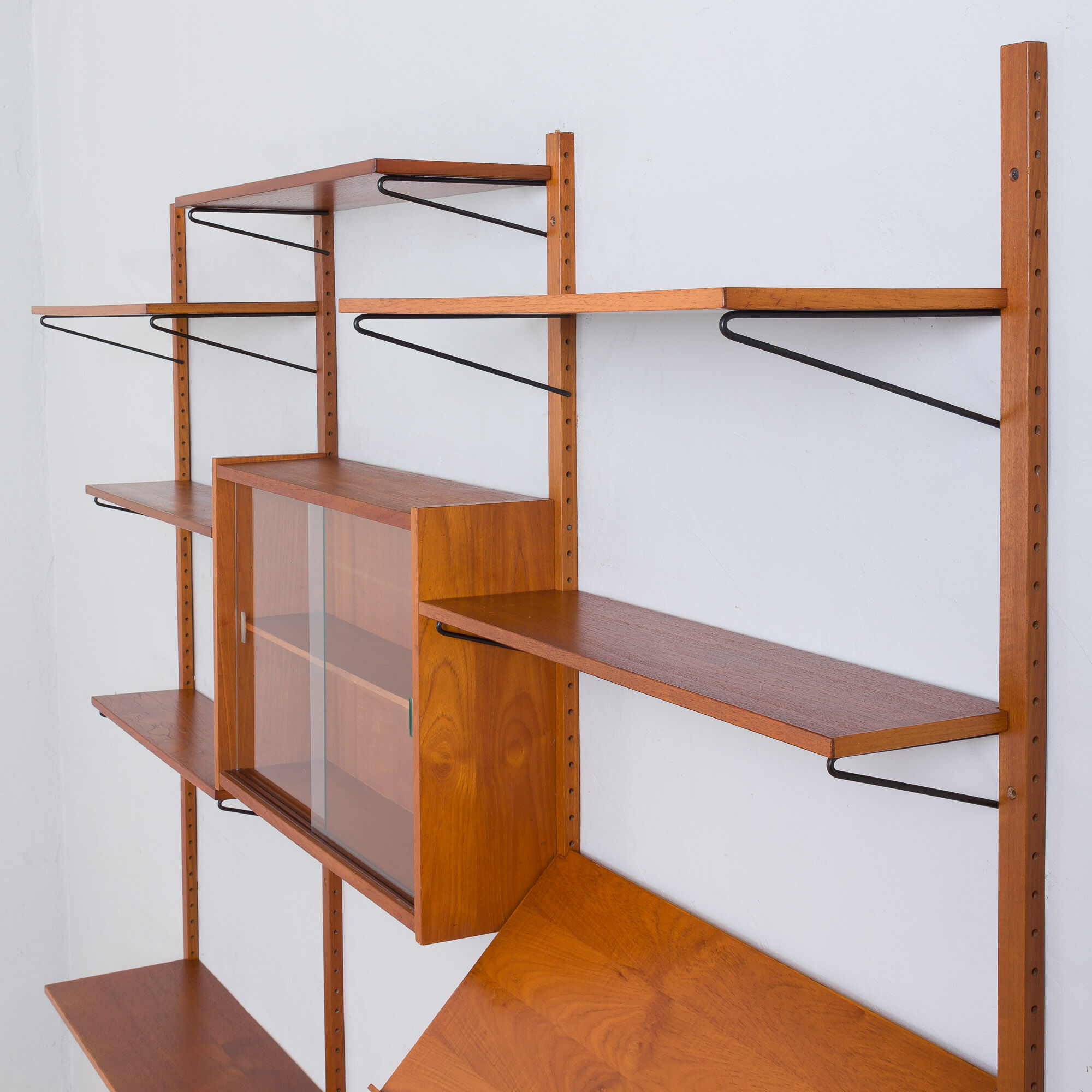 Danish mid century teak wall unit with magazine shelf and glass cabinet 1960/70s