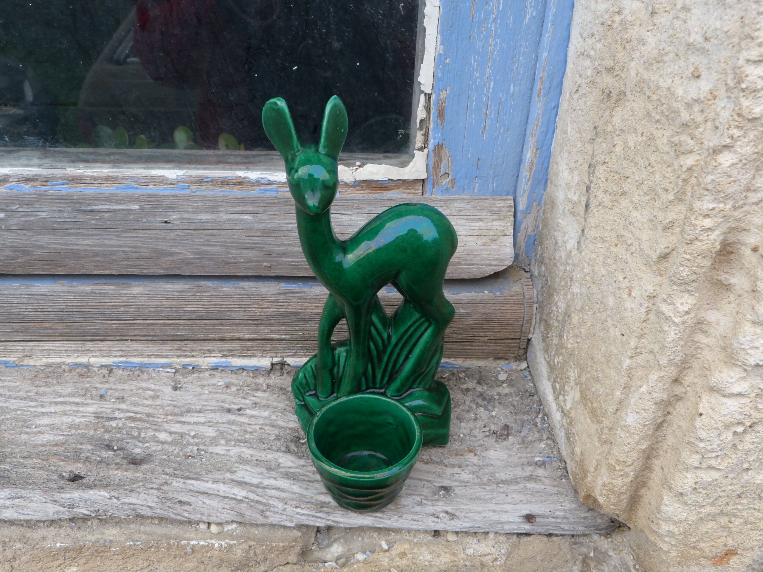 Vintage statue 50/60 Biche Lemanceau St Clément dark green ceramic