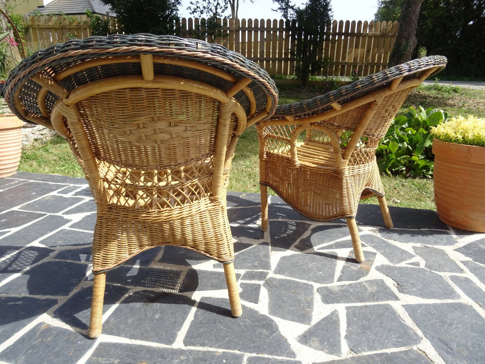 Vintage rattan lounge: one bench, two armchairs