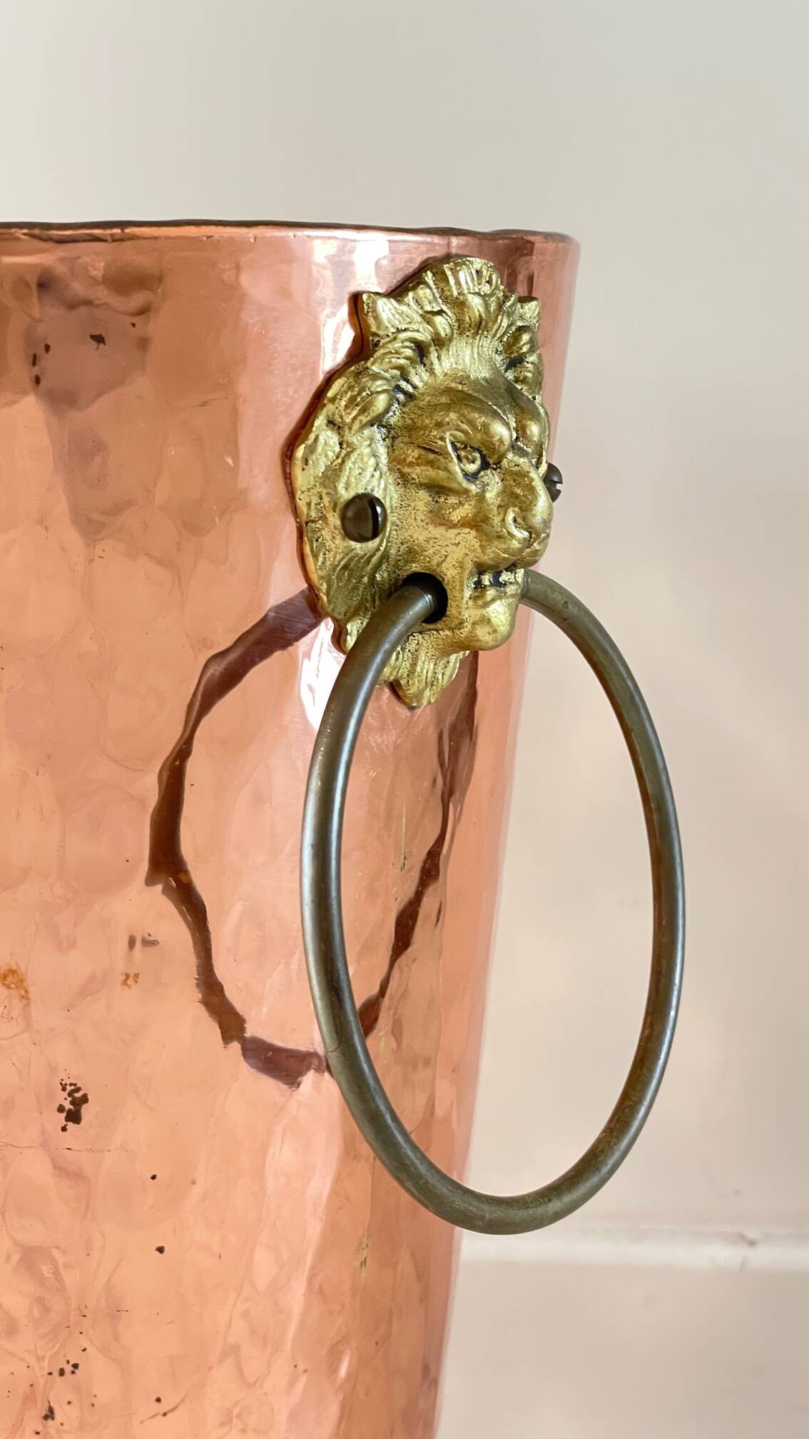 Vintage copper lion's head umbrella holder